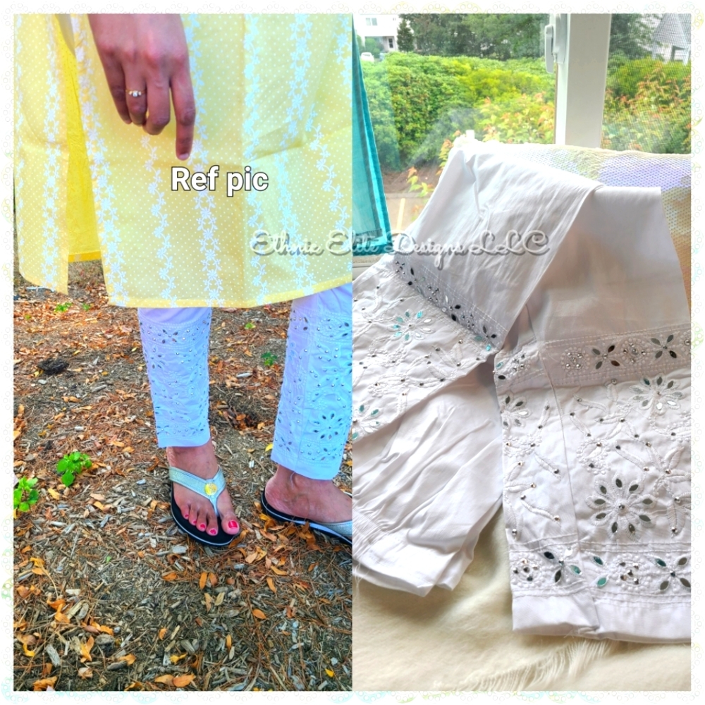 New White embroidered ankle pants with hand cut mirror work with drawstring